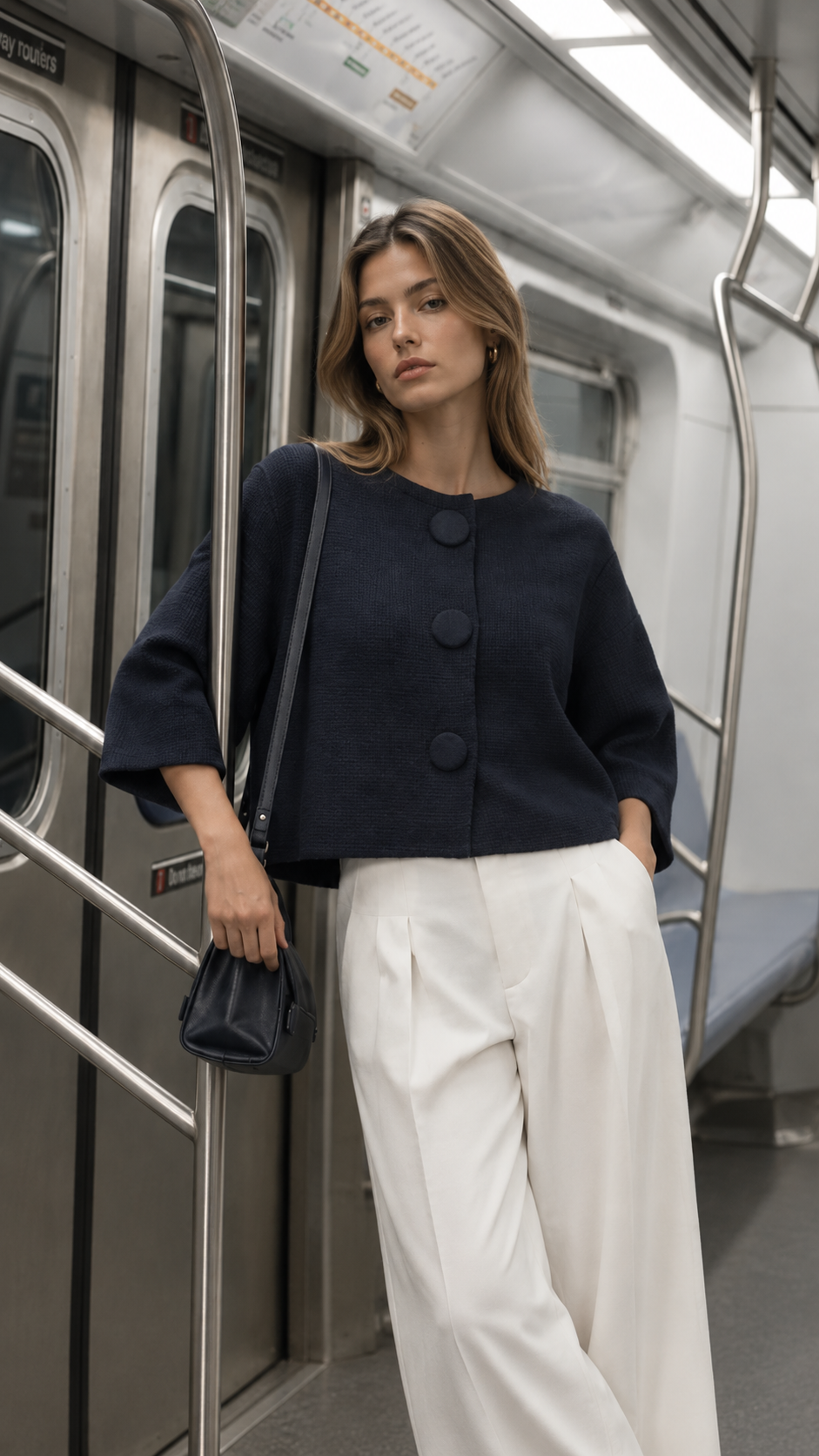 Lacivert Oversize Yarım Kol Düğmeli Hırka