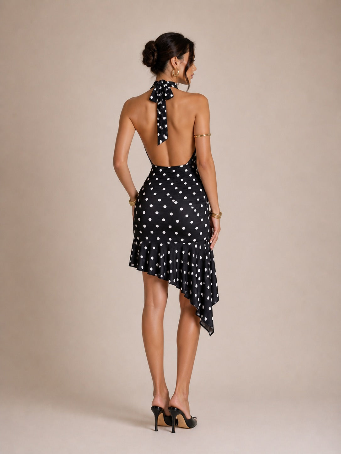 Halter Yaka Puantiyeli Slip Elbise
