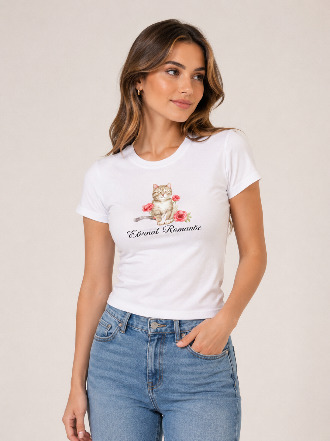 Kedi Baskılı Beyaz Tişört