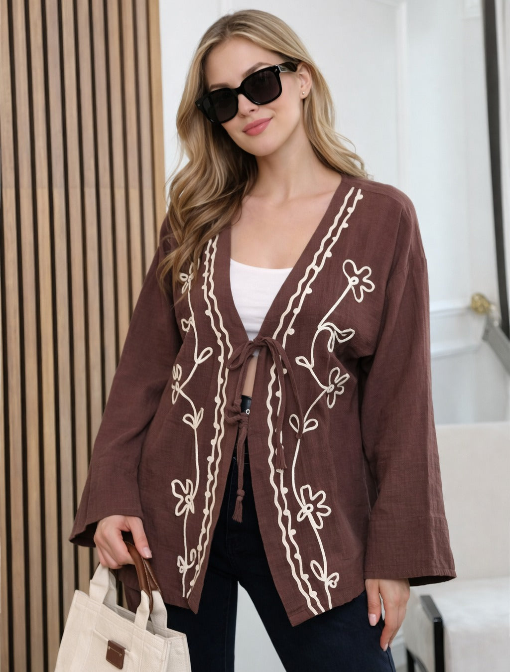 Çiçekli V Yakalı Kimono