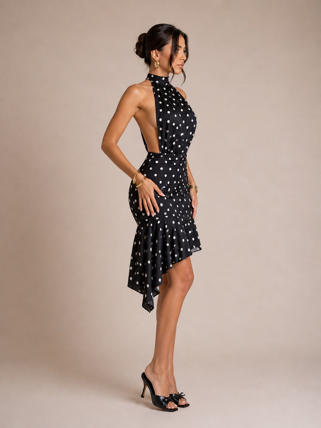 Halter Yaka Puantiyeli Slip Elbise