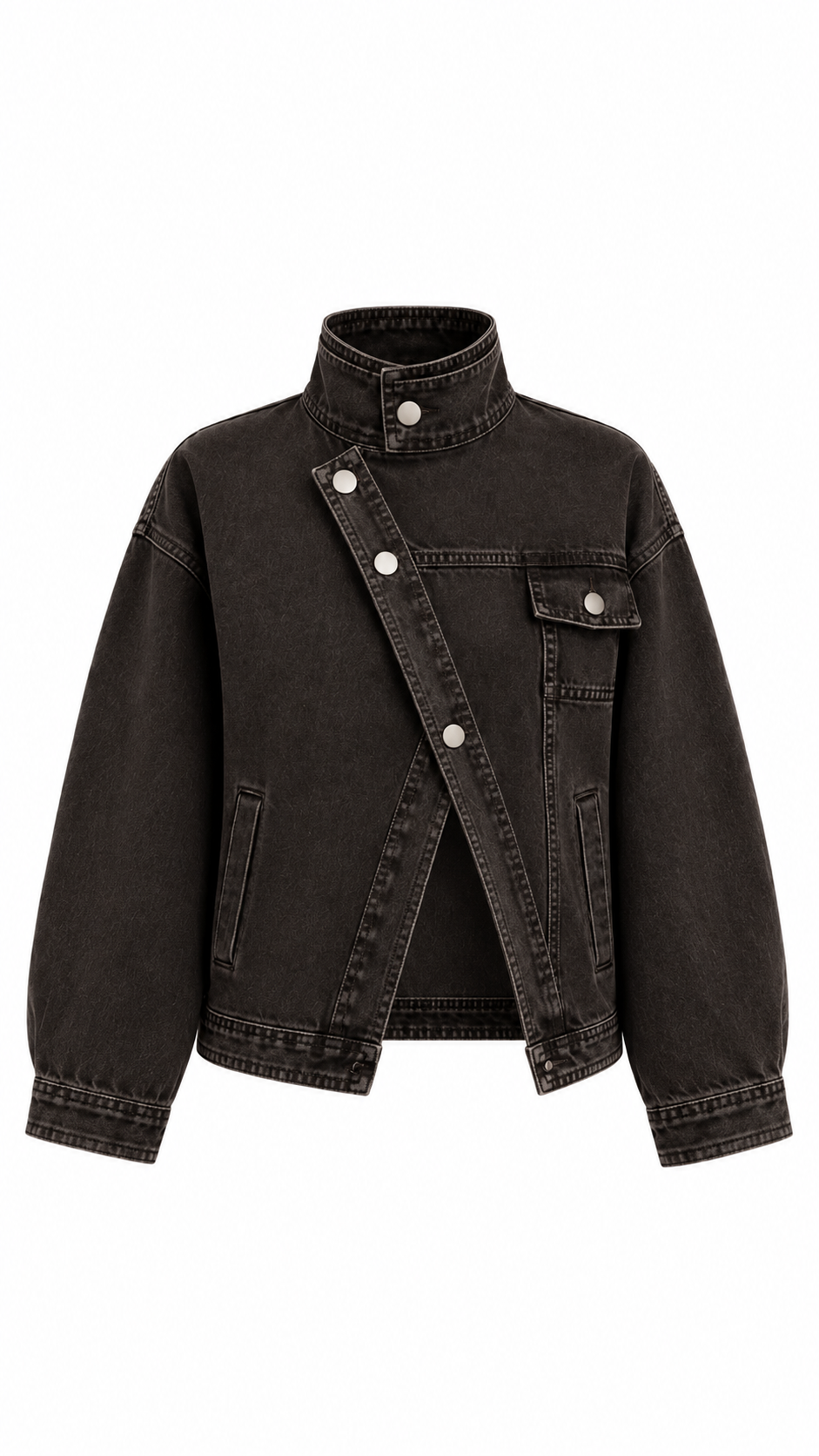 Dik Yaka Asimetrik Denim Ceket